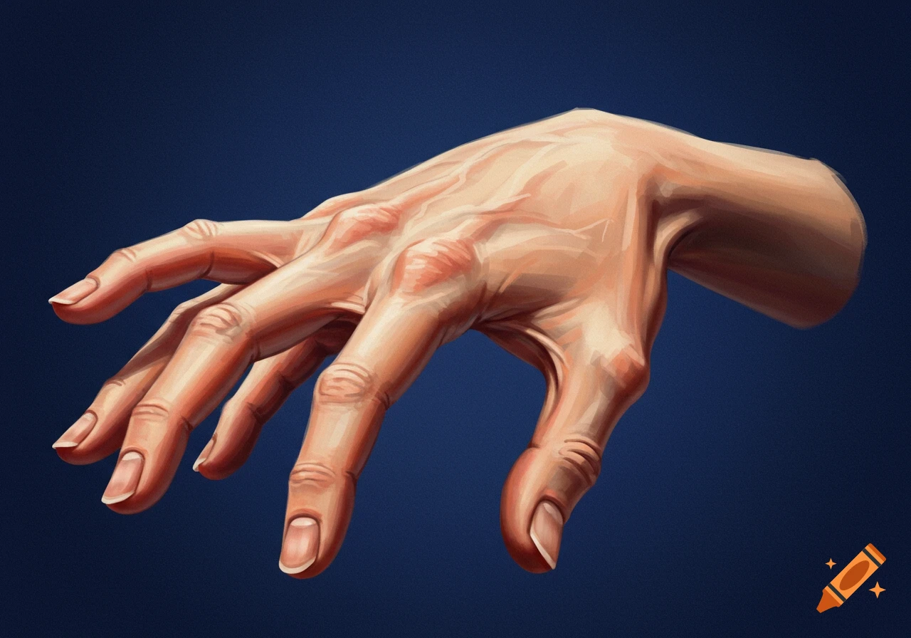 Stylized digital painting of a hand with extra fingers on a dark background.