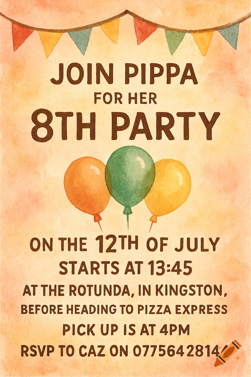 A watercolor party invitation with balloons and a banner.