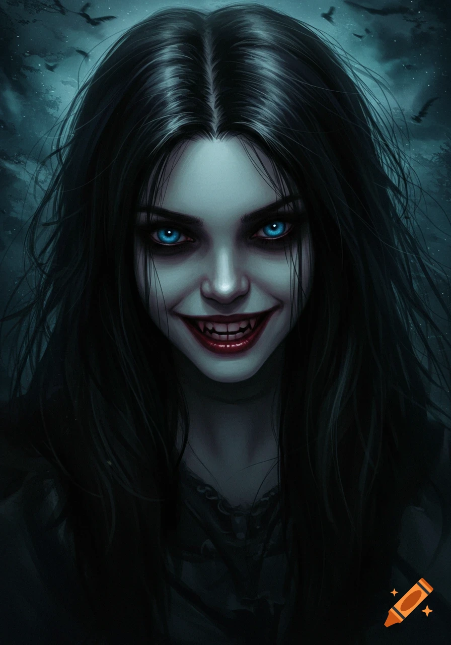 Close-up illustration of a scary girl with glowing blue eyes and fangs smiling, with bats flying in a dark sky.