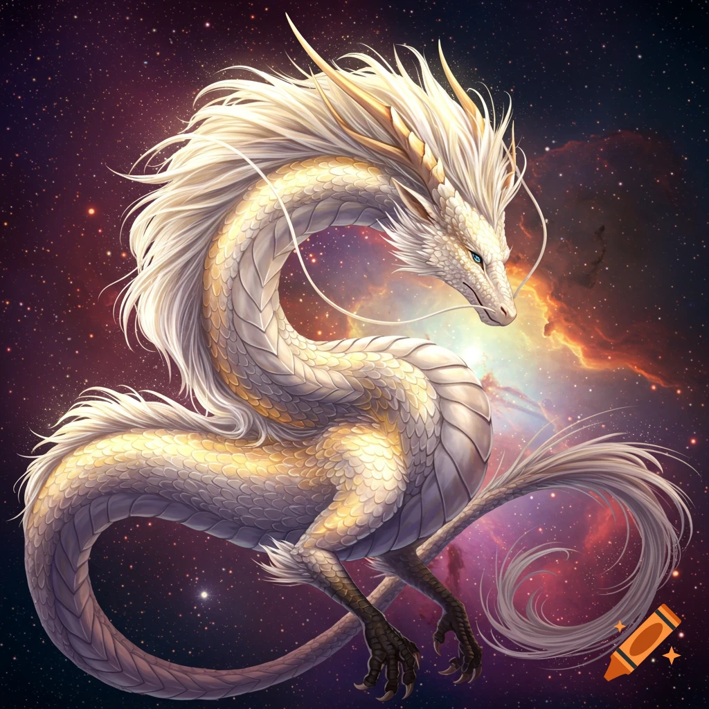 A white and gold dragon with flowing white hair and blue eyes, against ...