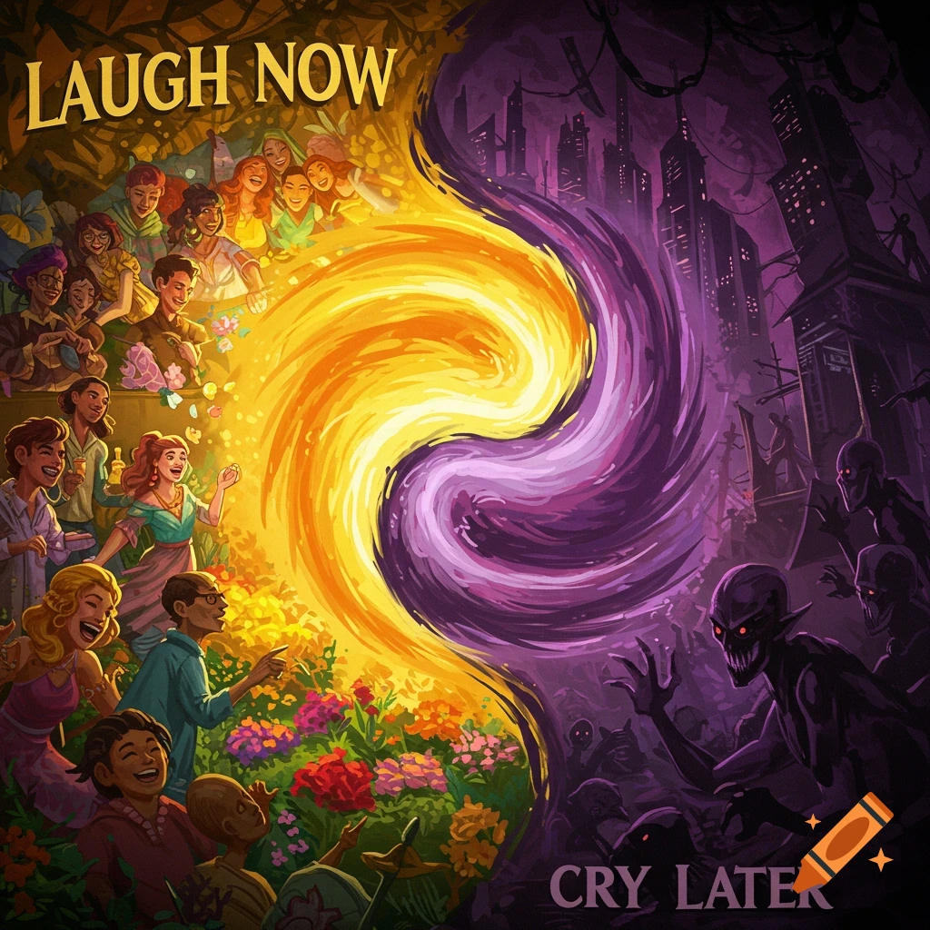 Illustration depicting a split image: one side is bright with happy people and flowers, the other dark with monstrous figures and a city. Text reads 'Laugh Now Cry Later'.
