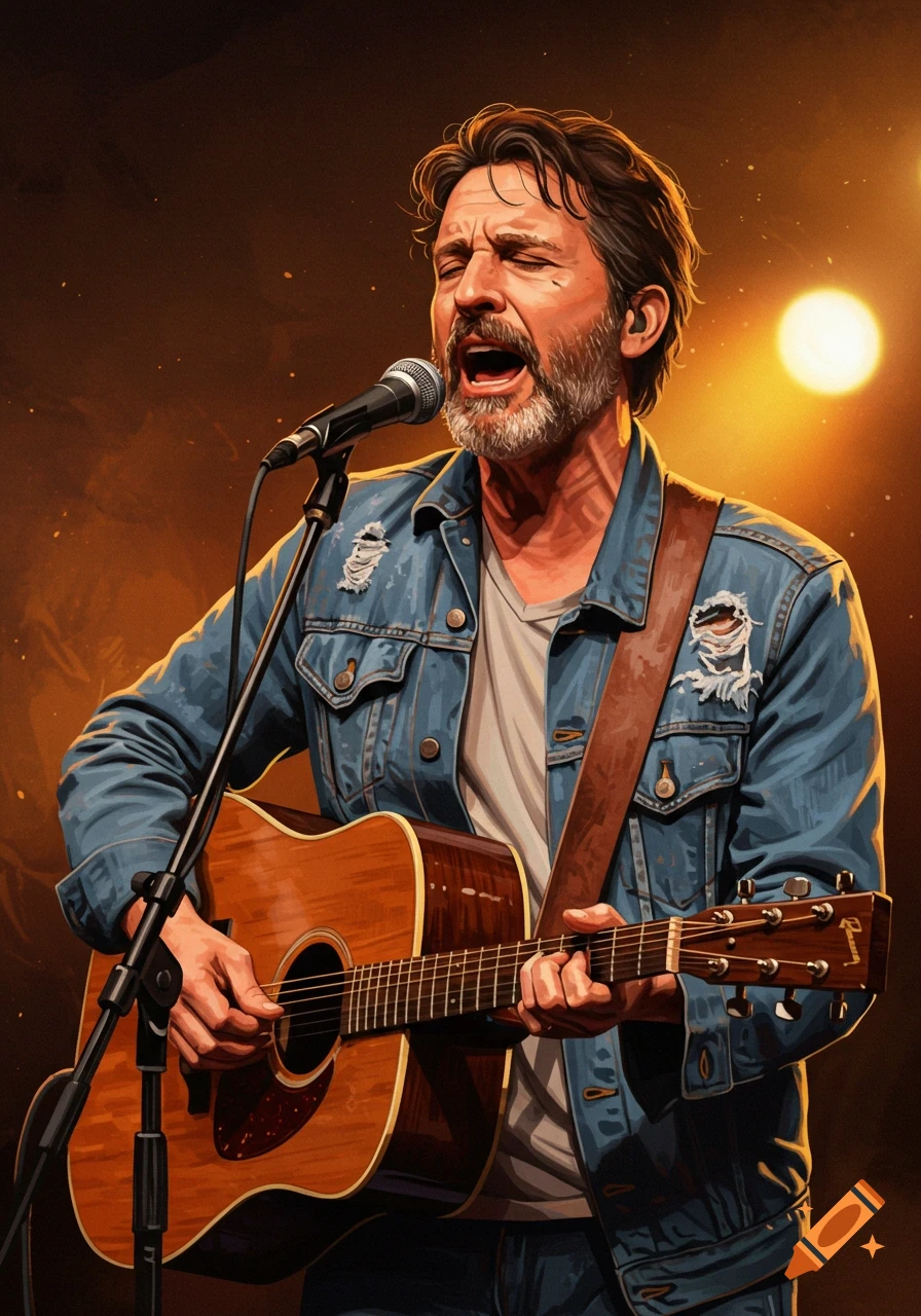 Man sings and plays acoustic guitar on stage under lights, digital painting style.