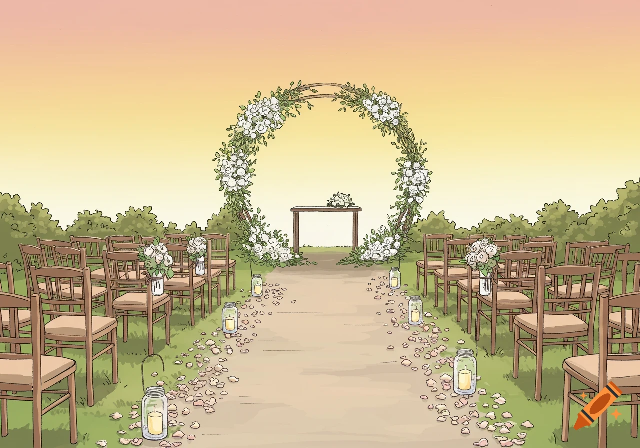 Illustrated outdoor wedding ceremony setup with chairs, floral arch, altar, and petal-strewn aisle.