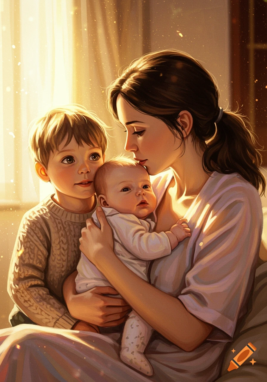Painterly portrait of a mother holding a baby with a young boy beside them in warm golden light.