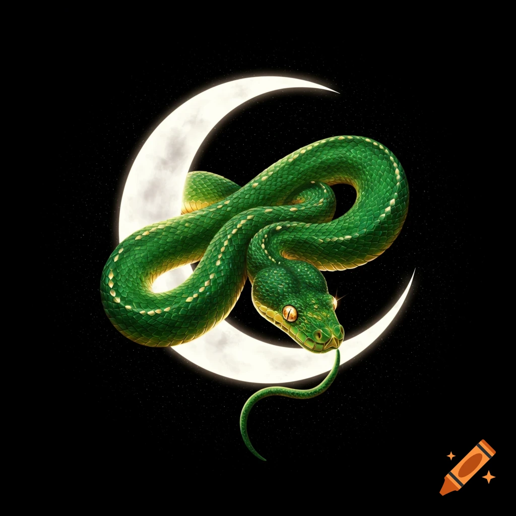 A vibrant green snake with yellow markings coiled around a bright crescent moon against a starry black sky.