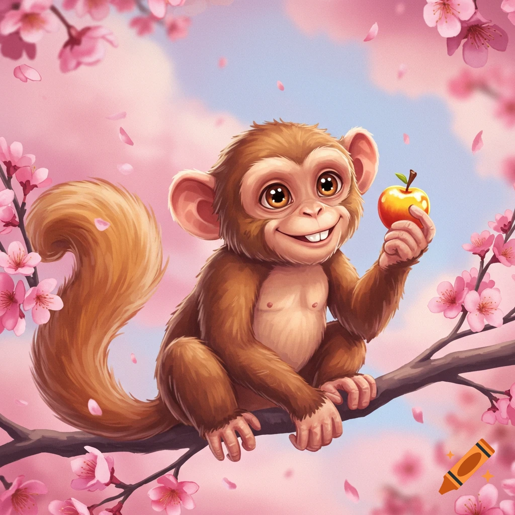 A cute cartoon monkey holds an apple while sitting on a branch surrounded by pink cherry blossoms.