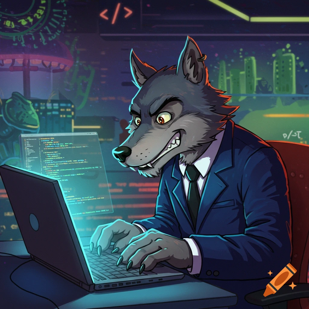 Cartoon wolf in a suit coding on a laptop.