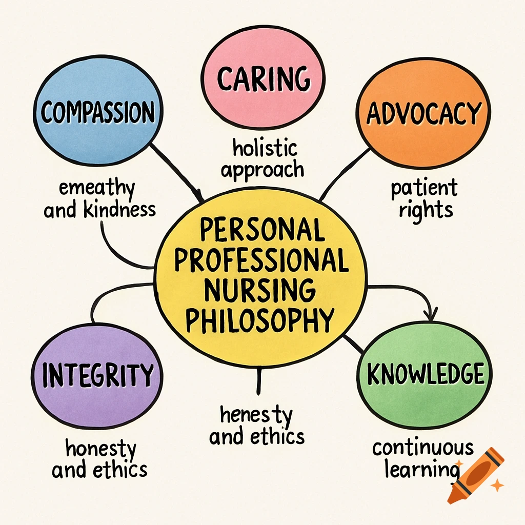 Mind map diagram illustrating a personal professional nursing philosophy.