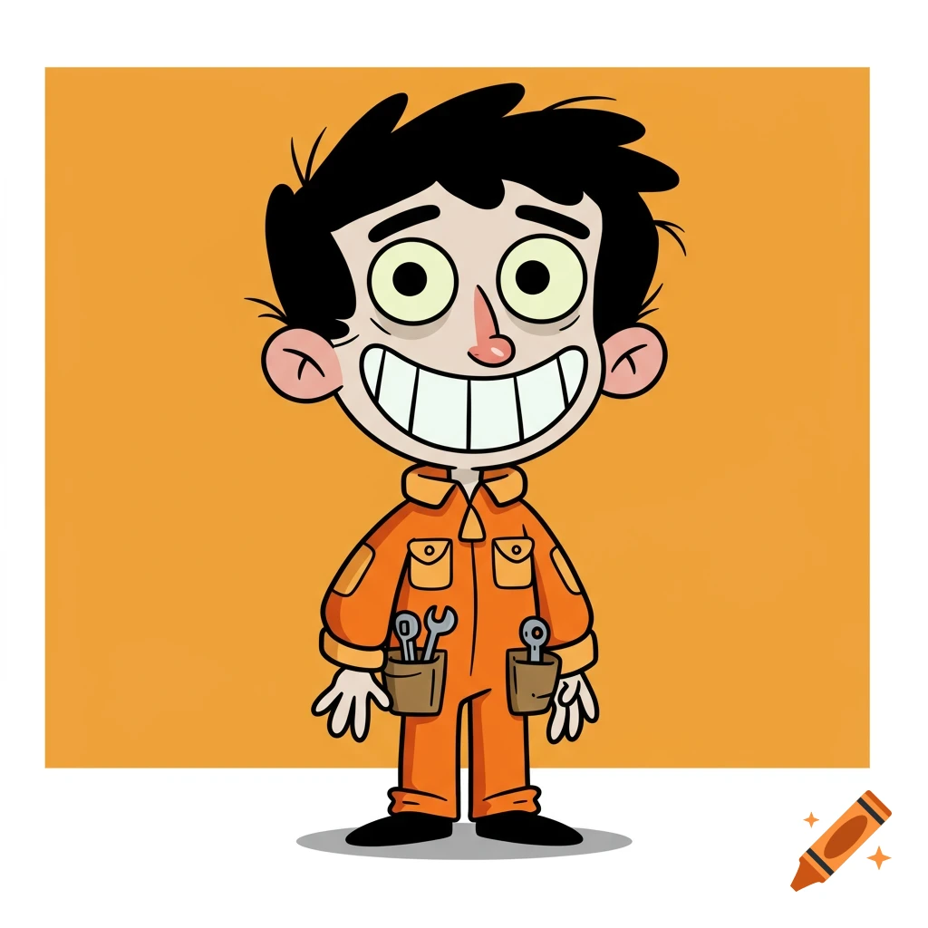 A cartoon character with wide eyes and a big smile wears an orange mechanic's jumpsuit with tools in the pockets.