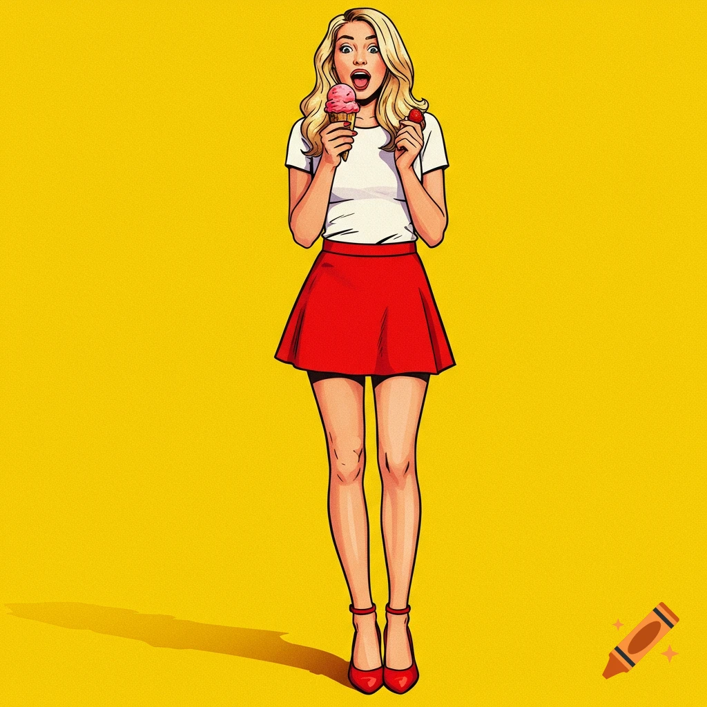 Pop art illustration of a woman eating ice cream against a yellow background.