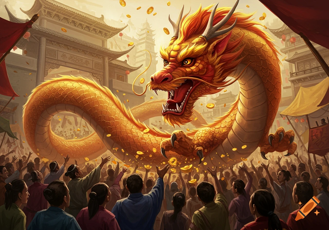 Golden dragon flies over crowd dropping coins in an Asian town, detailed illustration