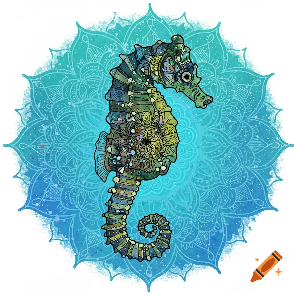 A stylized, colorful seahorse is centered over a detailed