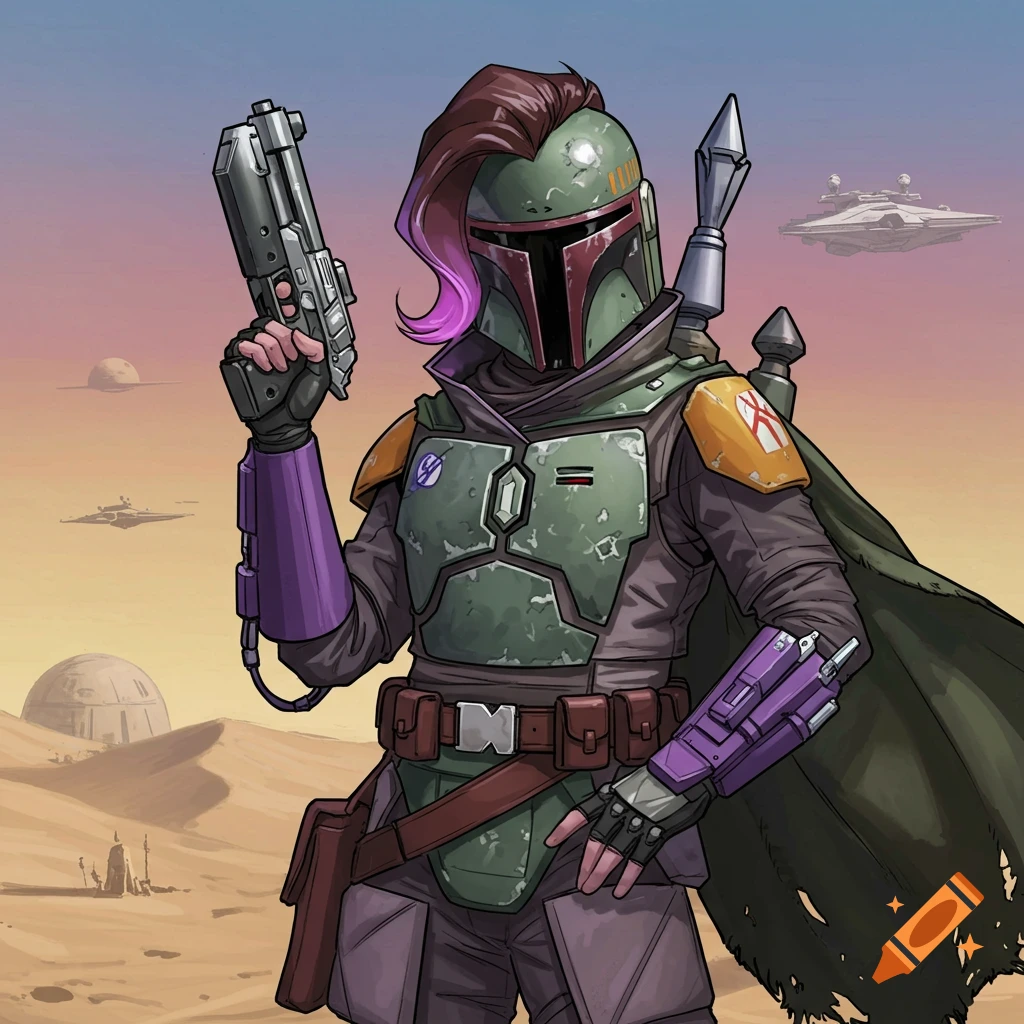 Illustration of a character resembling Boba Fett with purple hair and armor accents, standing in a desert.