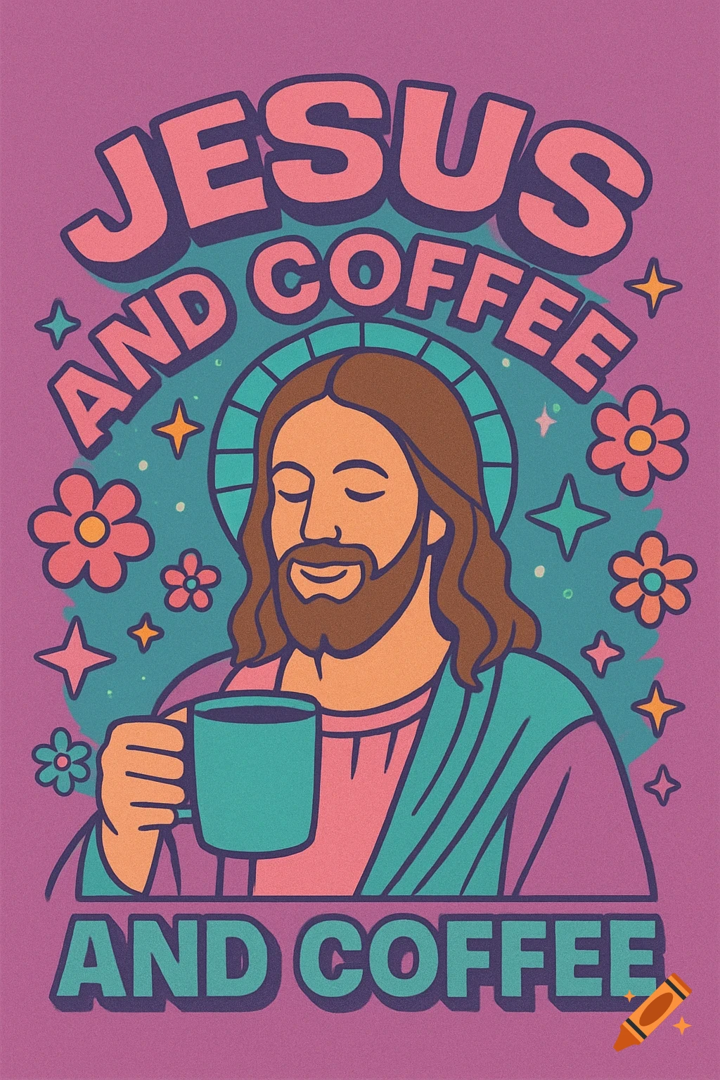 Retro illustration of Jesus holding coffee cup with 'Jesus and Coffee' text, flowers, and stars in pink, purple, and teal.