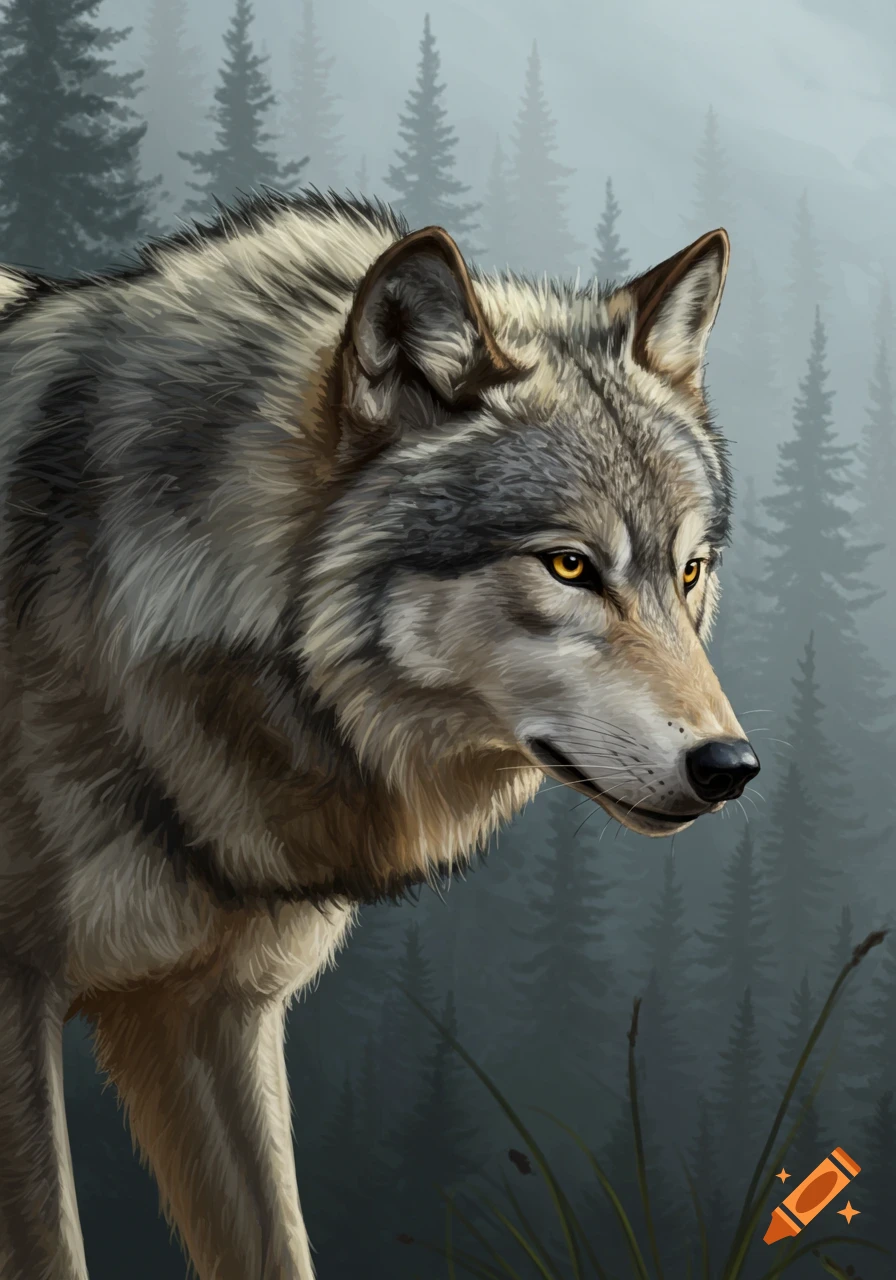 A close-up digital painting of a gray wolf in a misty forest.