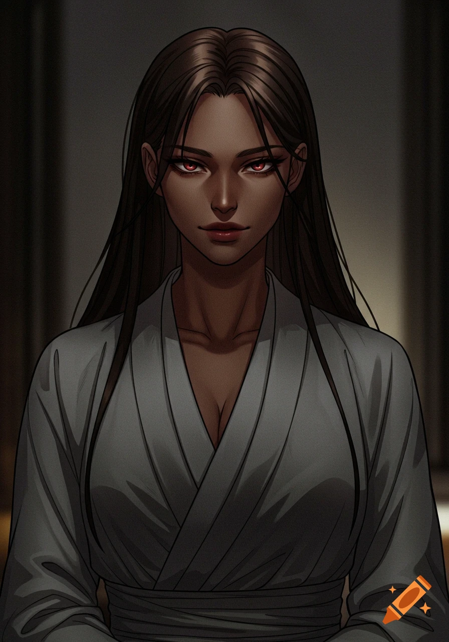 Manhwa style portrait of a dark-skinned woman with long dark hair and red eyes in a grey robe.