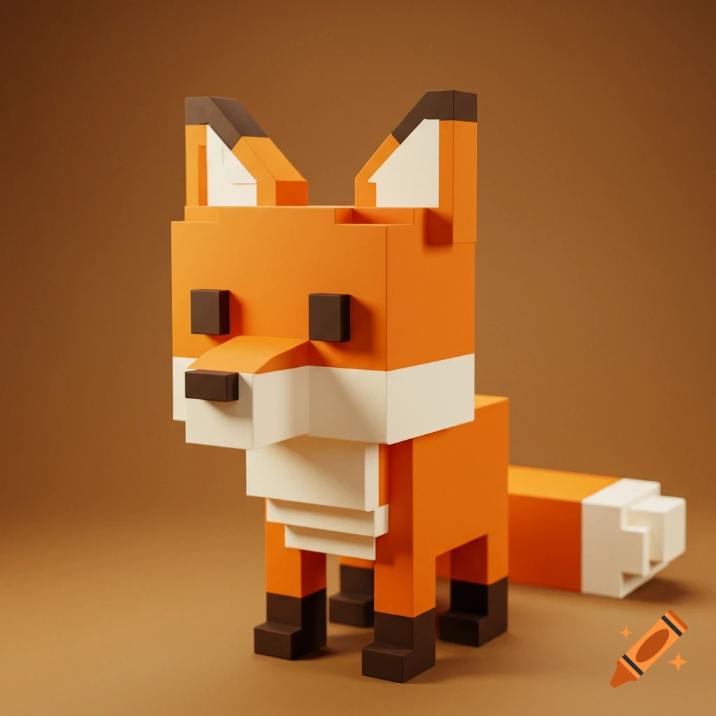 A blocky orange and white fox rendered in a voxel art style.