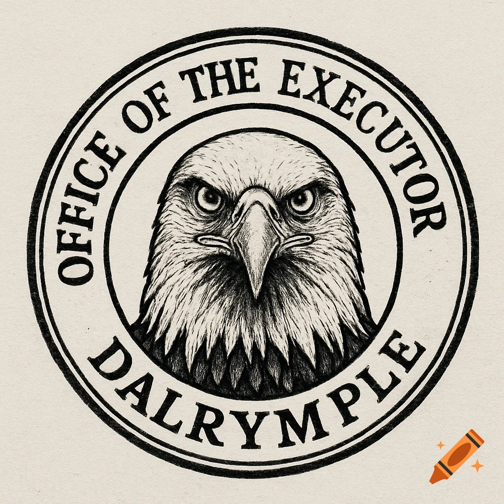 A black and white drawing of a circular emblem featuring an eagle head in the center and the text "OFFICE OF THE EXECUTOR DALRYMPLE" around the border.
