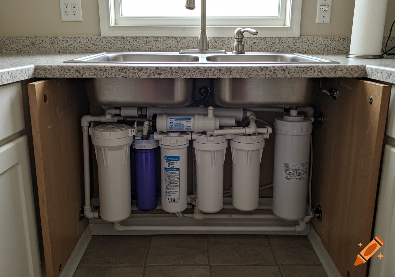 Multi-stage water filtration system installed under a kitchen sink.