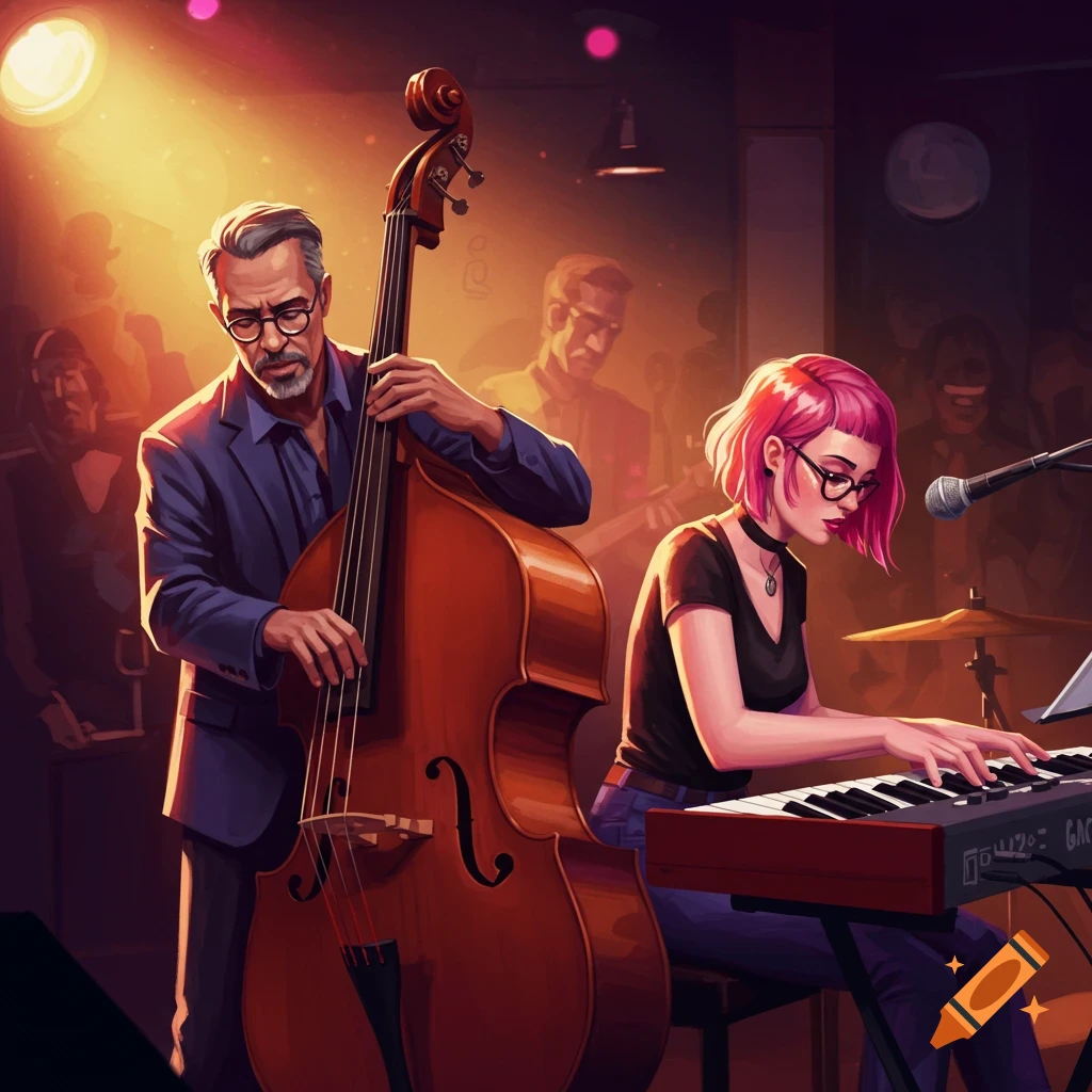Illustrative painting of a jazz duo playing upright bass and keyboard on a stage.