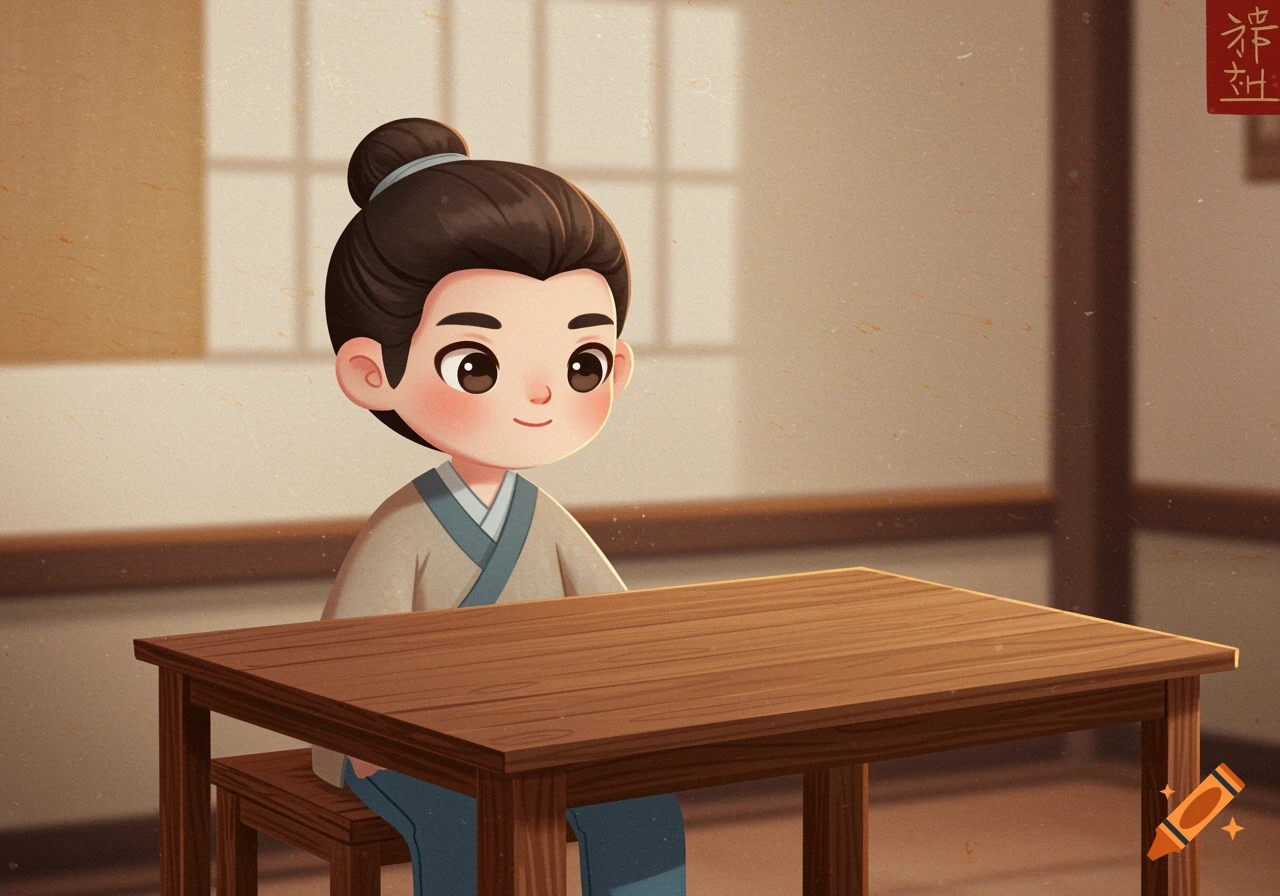 Cartoon style illustration of a Chinese boy sitting at a wooden table.
