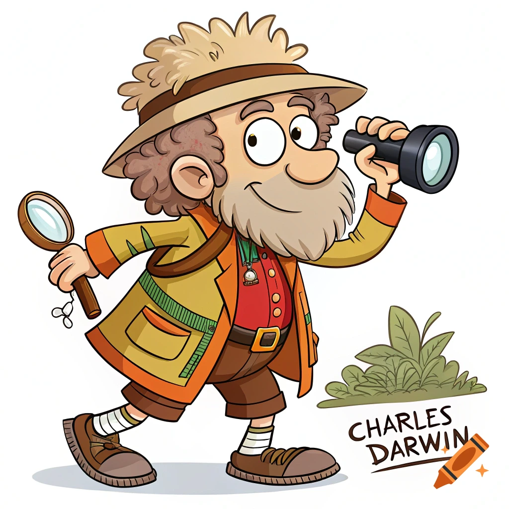 Cartoon Charles Darwin explorer holding magnifying glass and binoculars