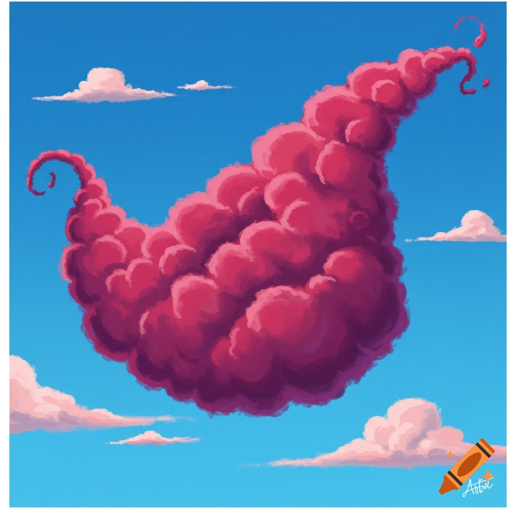 A large, abstract pink cloud resembling a placenta floats in a bright blue sky with small white clouds. Stylized digital painting.