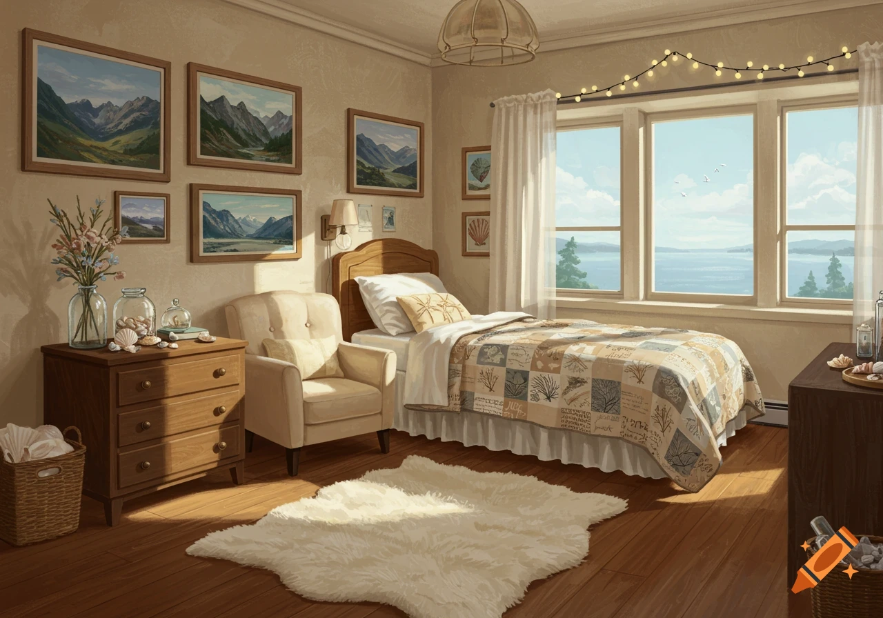 Cozy bedroom with ocean and mountain view, rustic furniture, paintings, and coastal decor