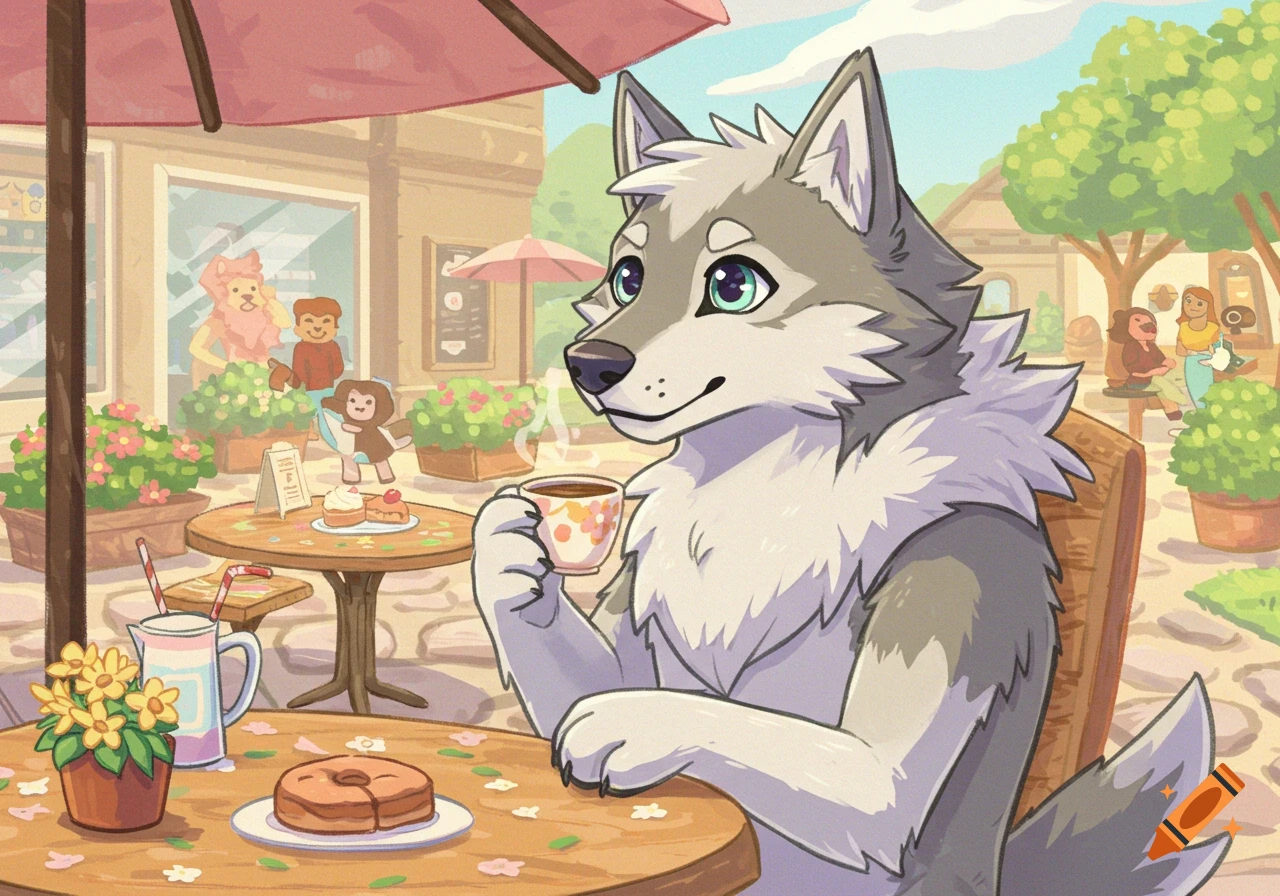 Grey wolf character drinks coffee at an outdoor cafe table.