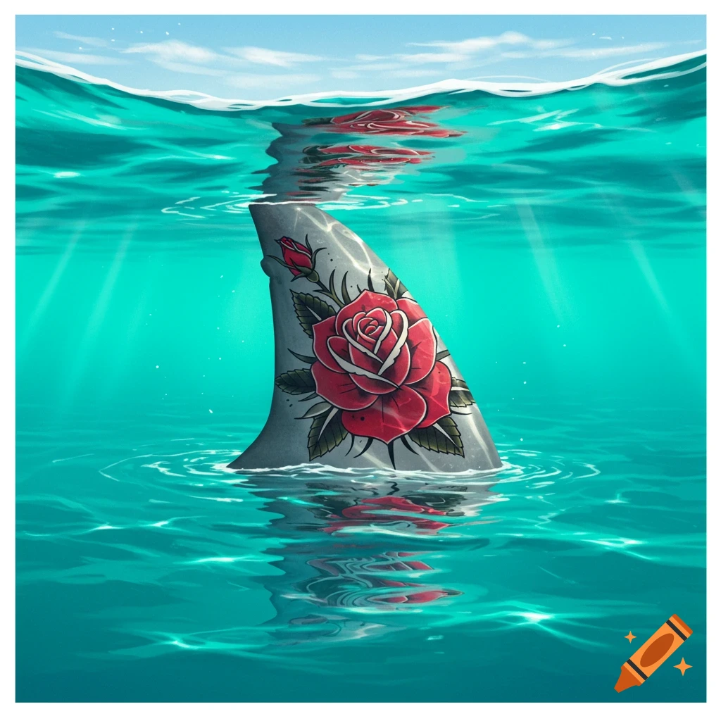 A shark fin with a large rose tattoo breaks the surface of the ocean.
