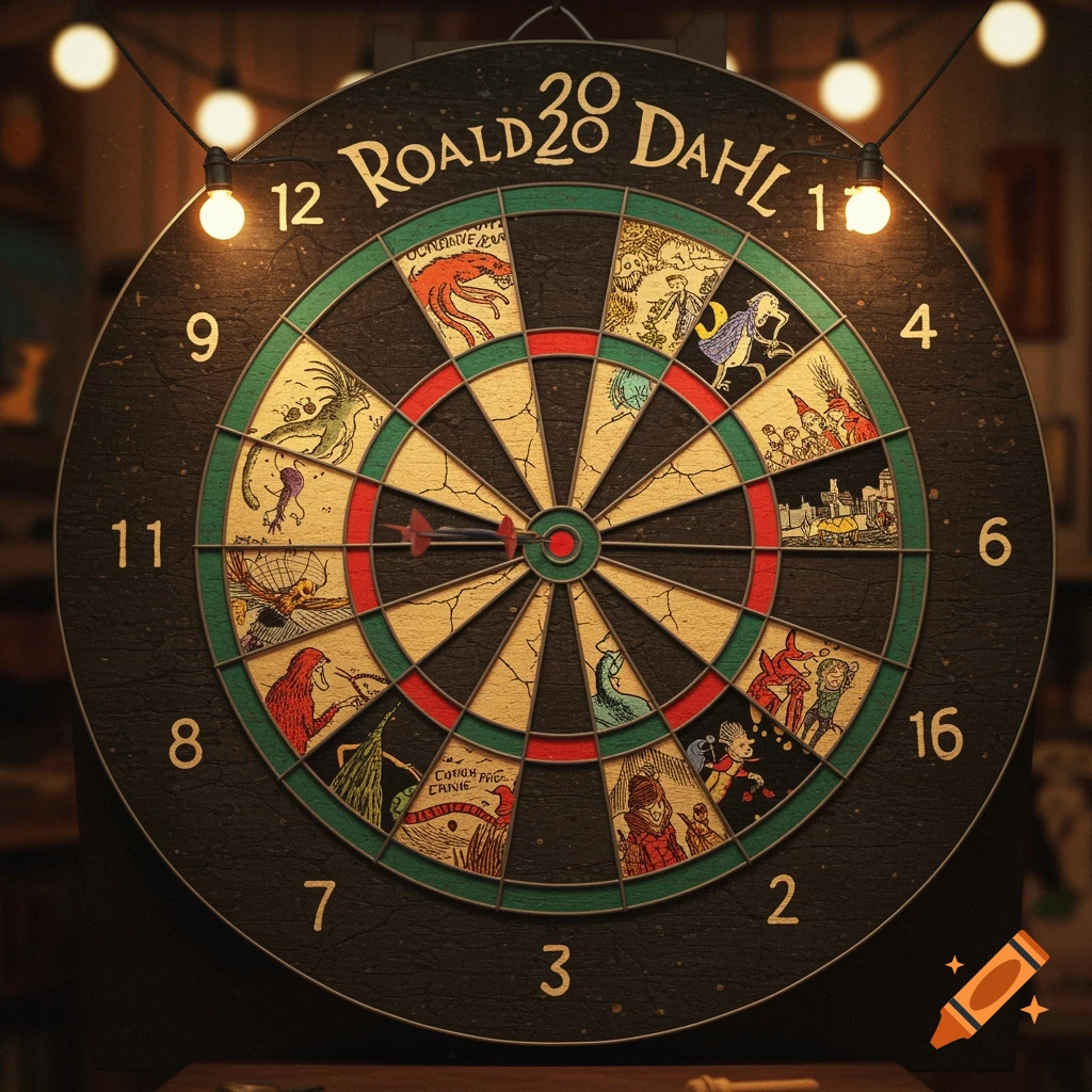 A dartboard featuring illustrations inspired by Roald Dahl, with text 'ROALD 28 DAHL' at the top, in a pub setting.