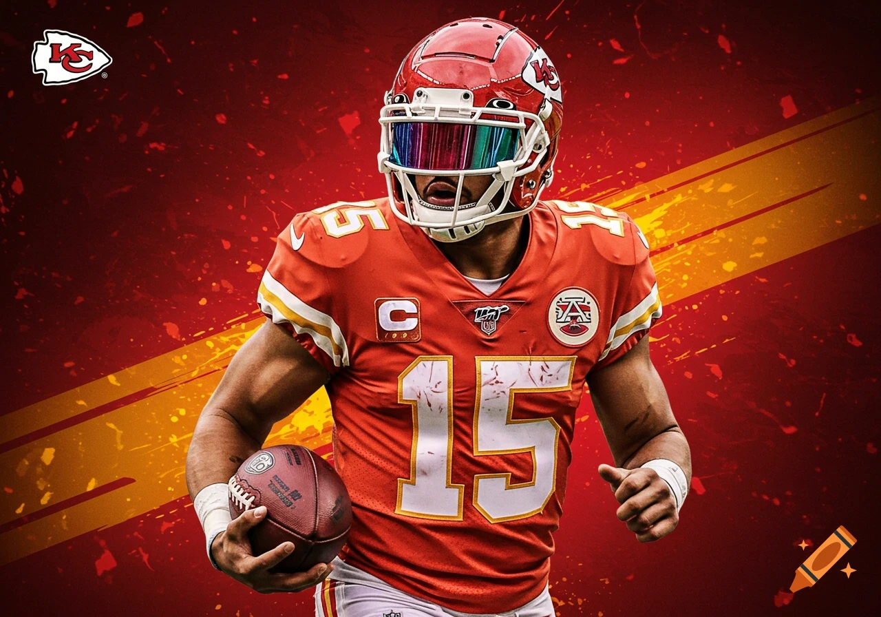 Football player in a Kansas City Chiefs jersey number 15 holding a football, on a red and yellow background.