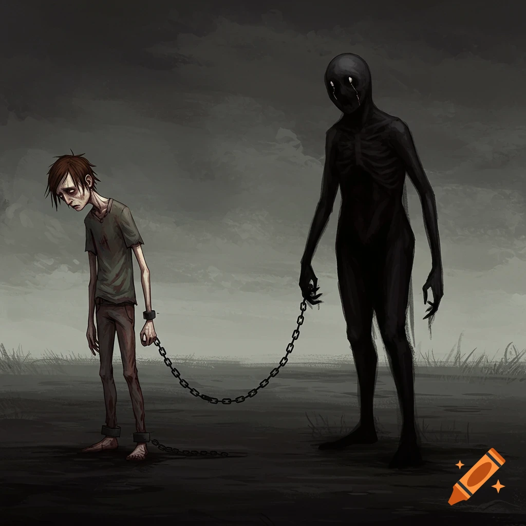 Stylized dark art illustration of a gaunt person chained to a shadowy figure in a gloomy landscape.