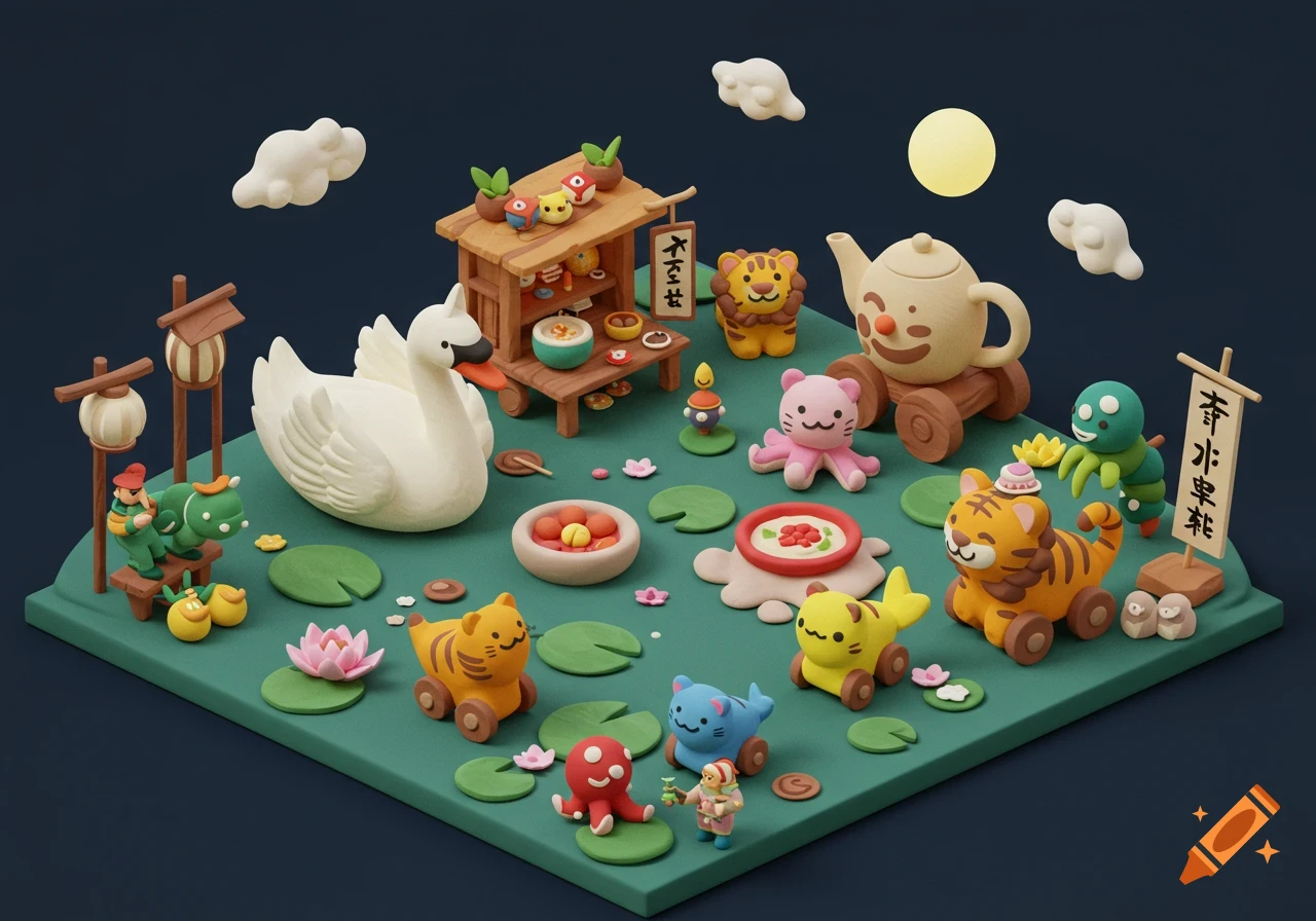 Claymation diorama with swan, animals, teapot, stall, and lily pads under moonlight.