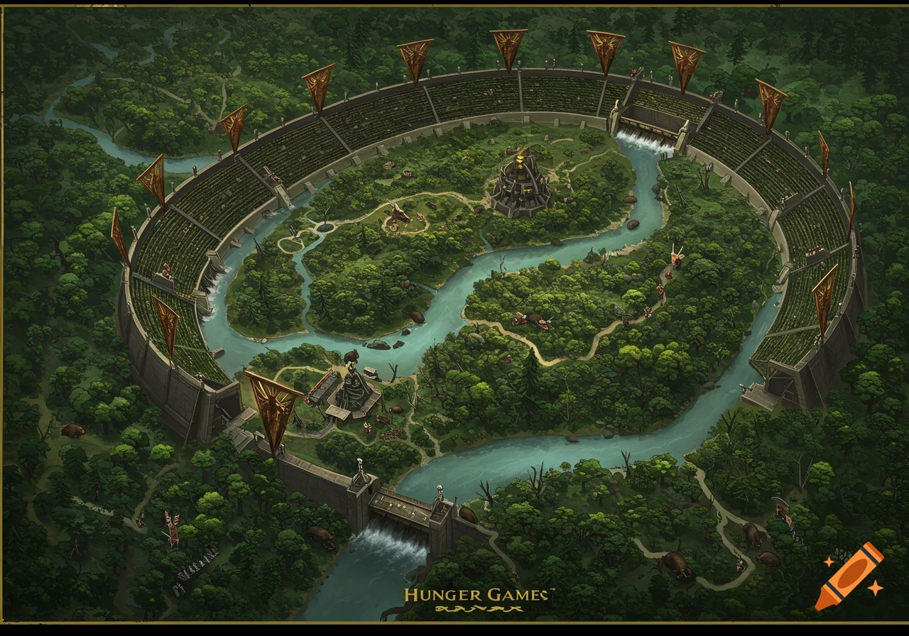 Overhead map of a forest arena with a winding river, dams, and various structures and figures within a large circular stadium.
