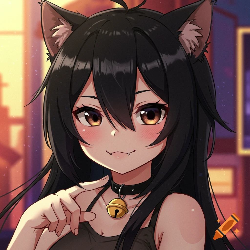Anime portrait of a cat girl with brown eyes and cat ears wearing a collar with a bell.
