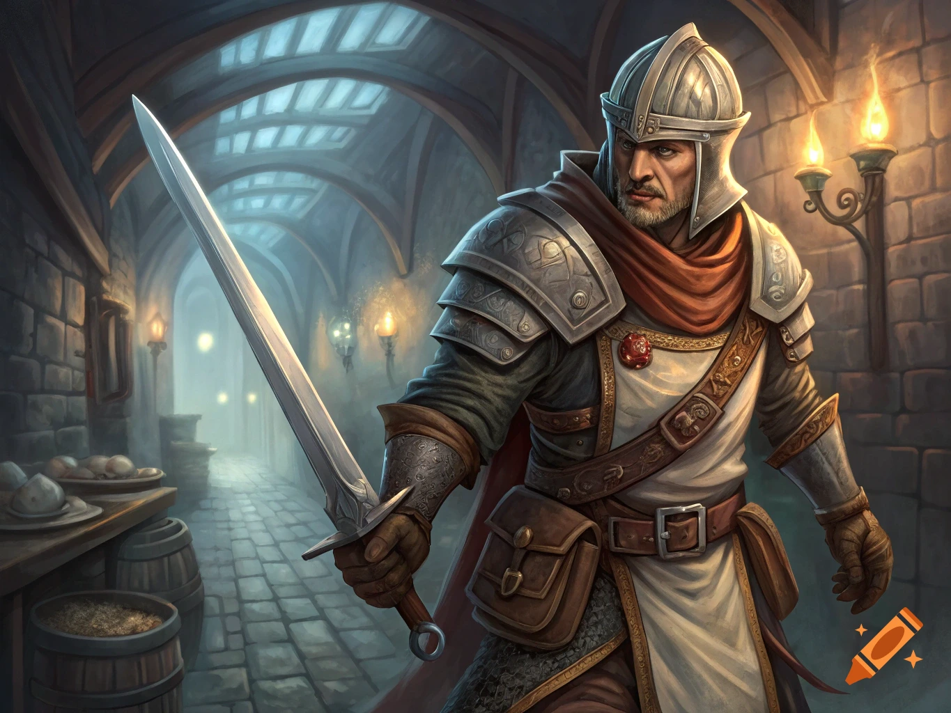 Fantasy knight in armor holding a sword in a dungeon setting.