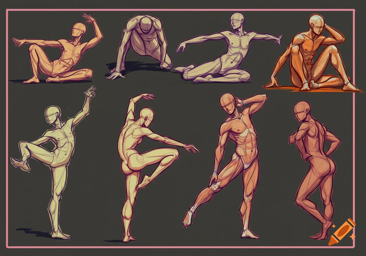 Stylized figure drawings of human anatomy in various poses.