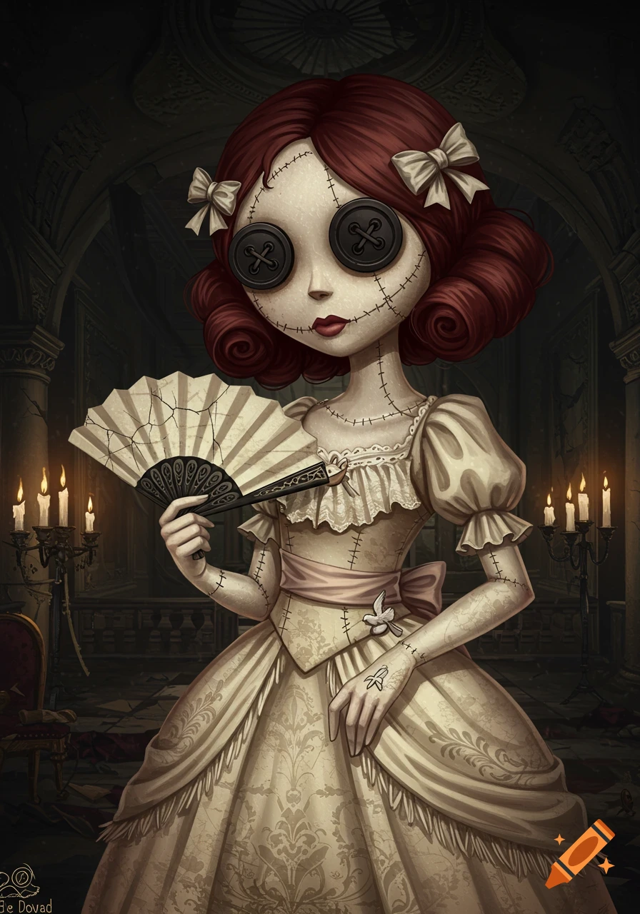 A gothic doll with button eyes and auburn hair wears a cream Victorian gown and holds a fan in a decaying ballroom.
