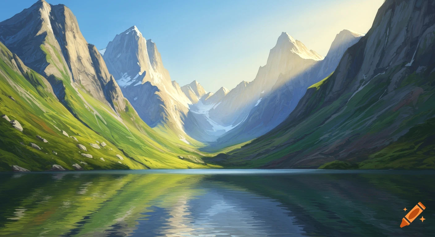 A stylized painting of a serene lake surrounded by tall, green mountains under a bright sky.