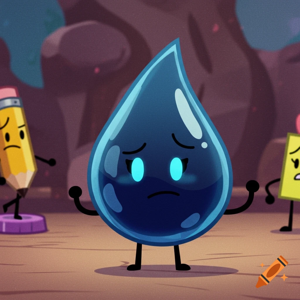 A cartoon blue teardrop character stands between a yellow pencil and another character.