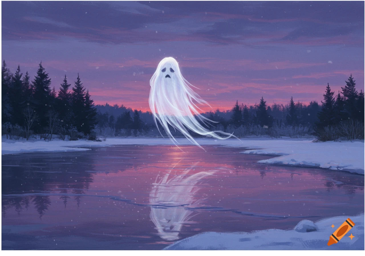 A translucent white ghost with a sad face floats over a frozen lake in a snowy landscape at sunset.