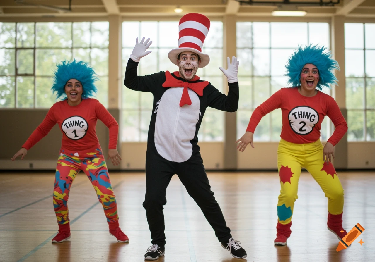 Three people in Cat in the Hat, Thing 1, and Thing 2 costumes posing in a studio.