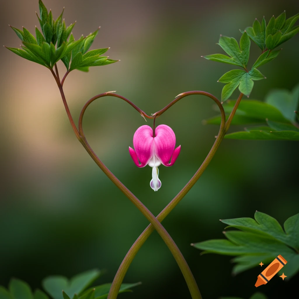 A pink bleeding heart flower surrounded by stems and leaves forming a heart shape.