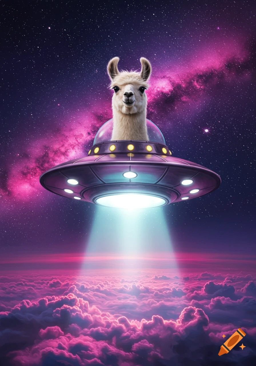 A llama's head inside a UFO soaring through space above pink clouds.