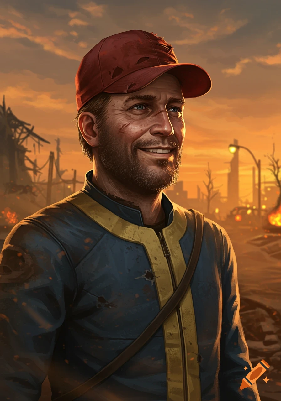 A smiling man in a blue and yellow suit and red baseball cap stands in a post-apocalyptic wasteland, digital painting.