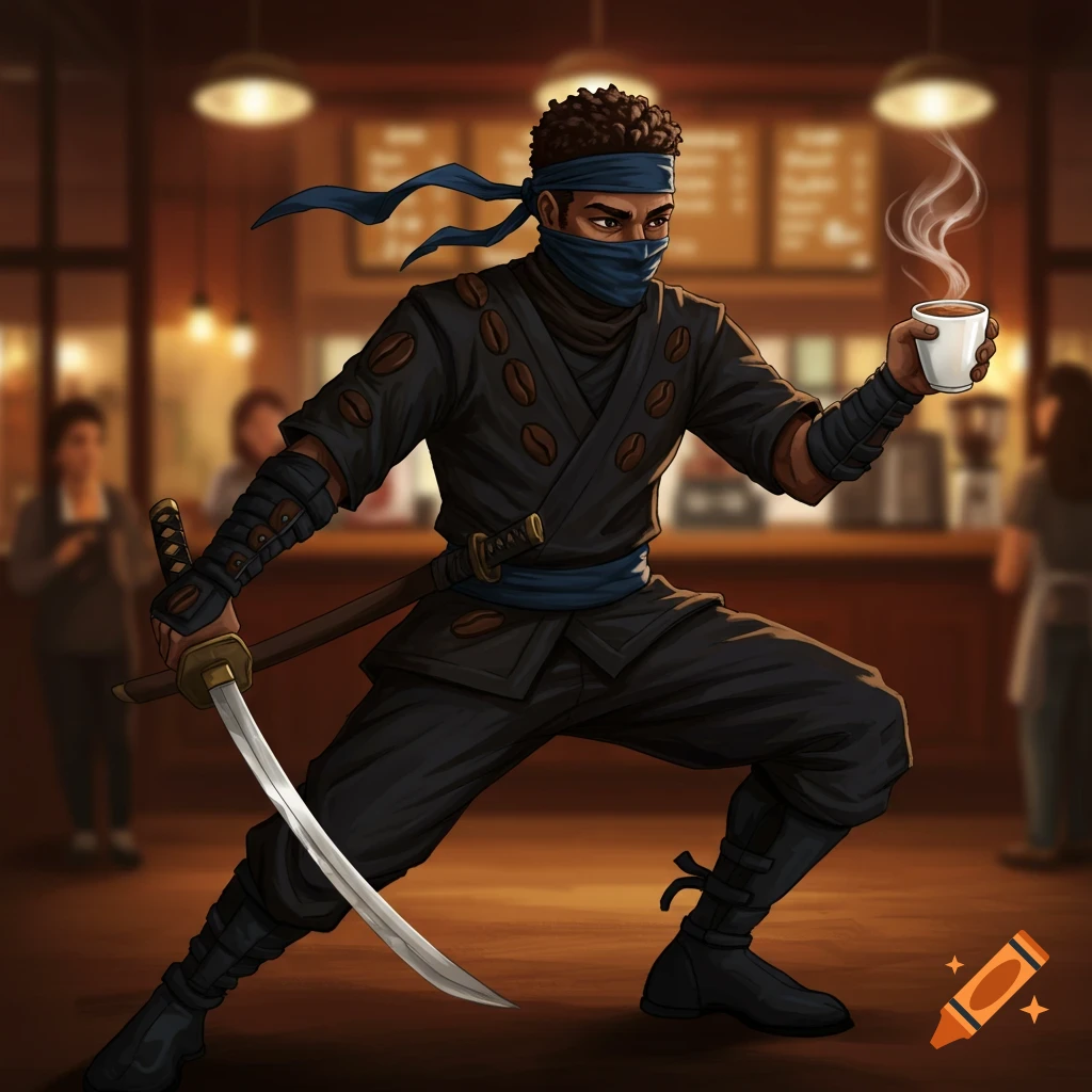 A ninja in a black suit decorated with coffee beans holds a steaming coffee cup and a katana in a coffee shop.