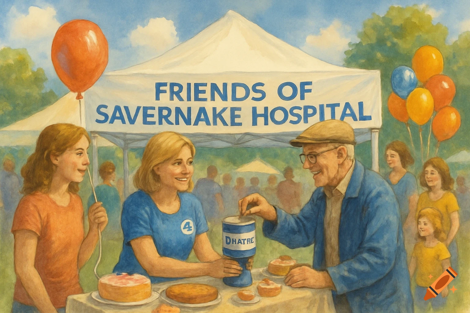 Illustration of a community fundraising event with people, a tent, cakes, and balloons.