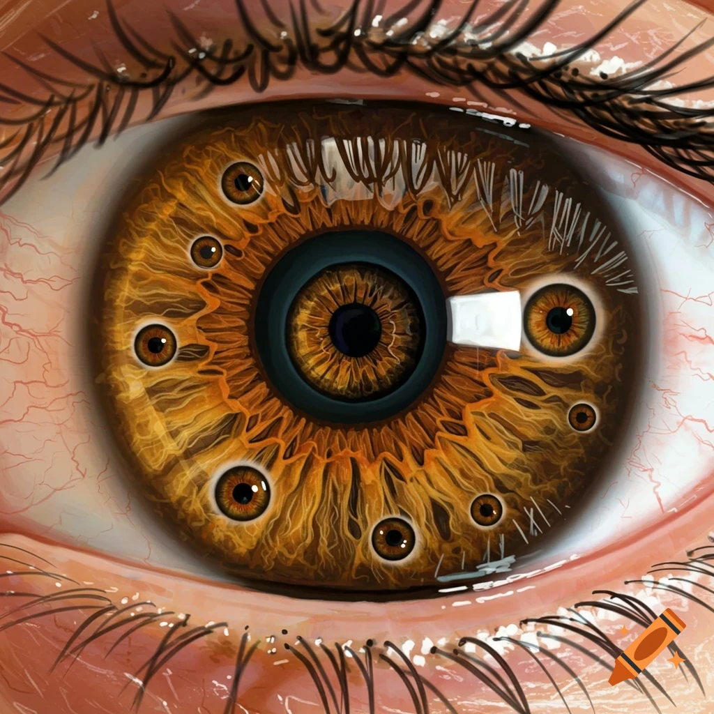 Close-up of a human eye with multiple smaller eyes embedded in the iris, digital art