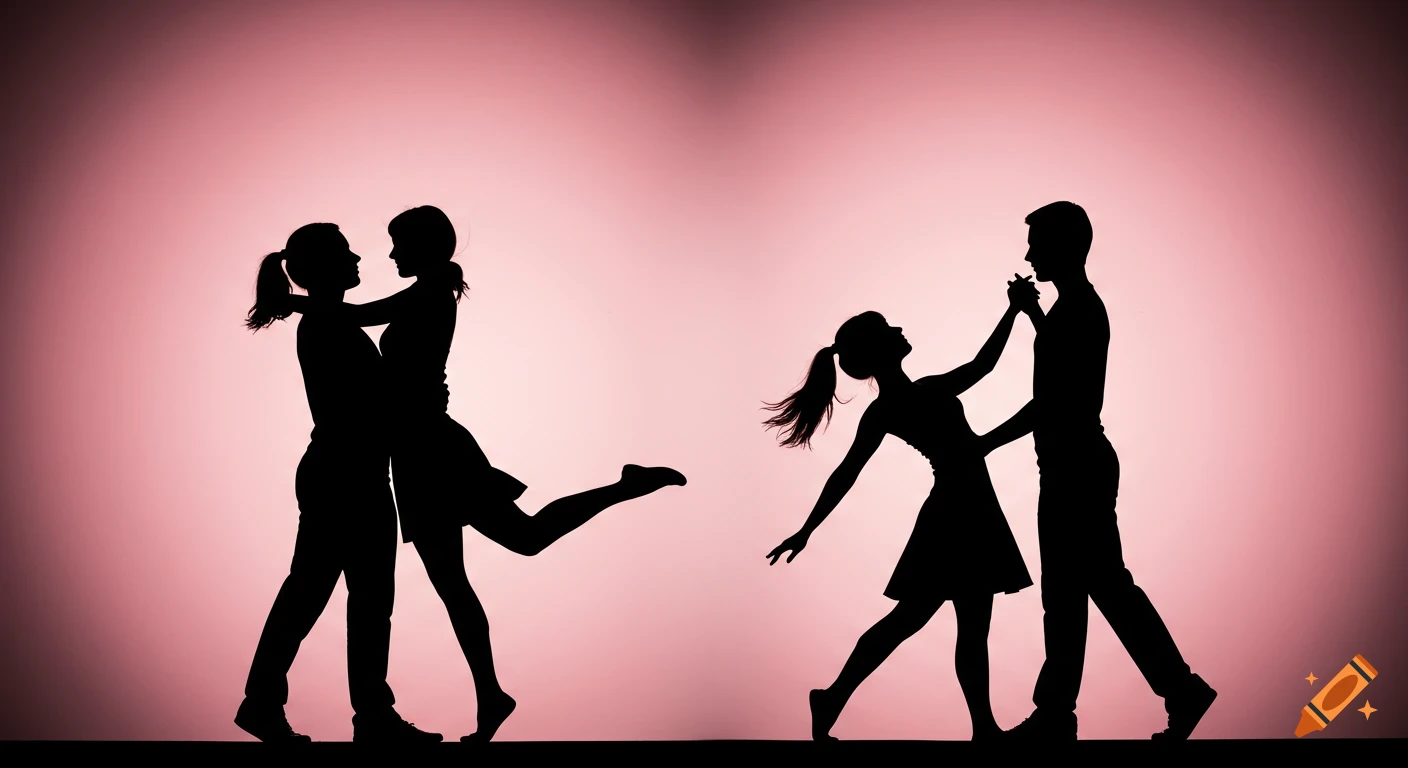 Silhouettes of two couples dancing against a pink background.